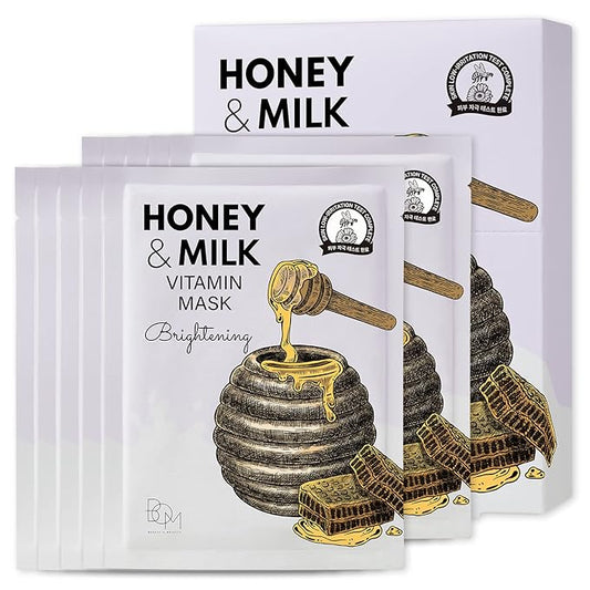 BOM COSMETICS Honey & Milk Vitamin Mask 10ea 0.84 oz Deep Hydration, Sensitive Skin Friendly Hypoallergenic Sheet Mask With Honey & Milk Extract & 13 Vitamins, Korean Skincare Face Mask