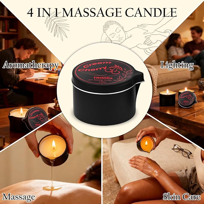TRINIDa Low Temperature Massage Oil Candle 2.35oz - Soy Wax & Coconut Oil Blend, Moisturizes Skin,Stress Relief, Couples Massage & Home SPA, Romantic Gift Massage Scented Candle (Cream Cherry Scent)