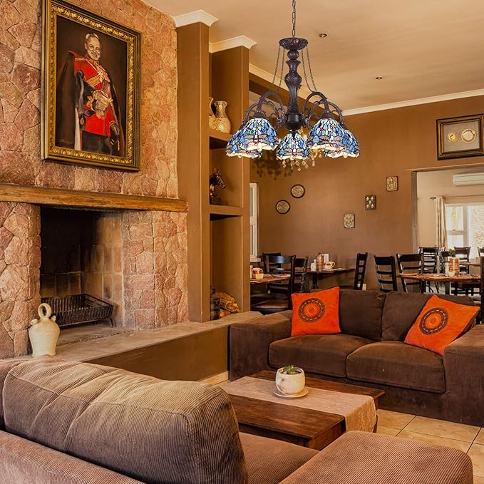 Capulina Tiffany Lamp Stained Glass Pendant Light Chandelier 5-Light Antique Blue Dragonfly Tiffany Style Hanging Lamp Decor for Living Romm Dining Room Kitchen Foyer Home Office