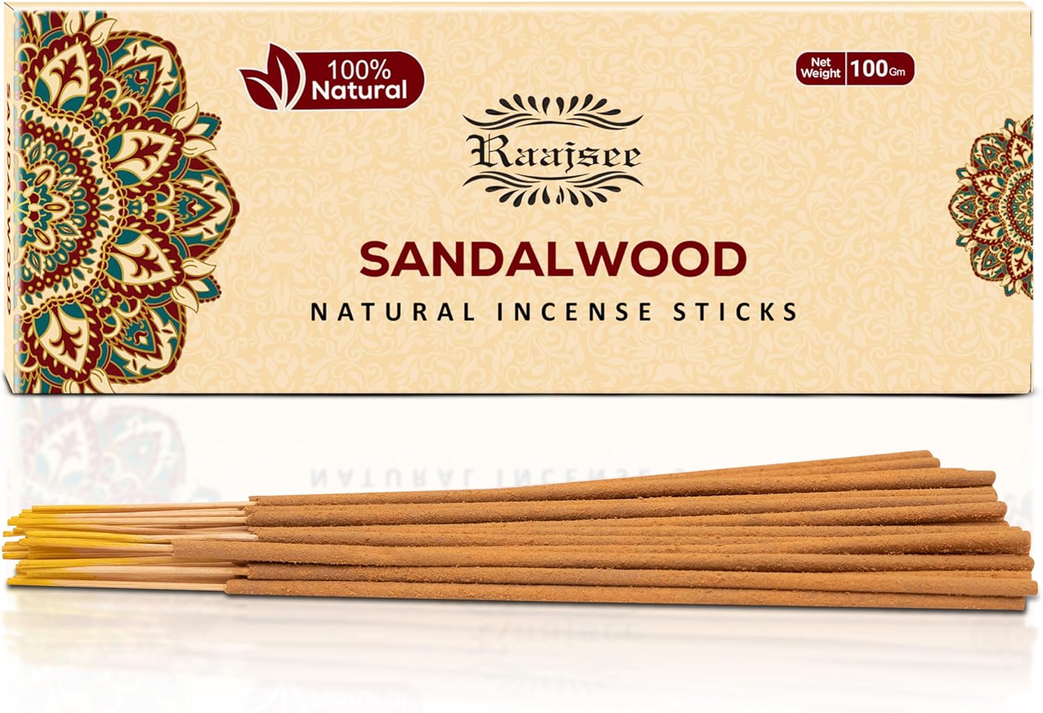 Raajsee Sandalwood Incense Sticks 100 Gm Pack-100% Pure Organic Natural Hand Rolled Free from Chemicals-for Church,Aroma Therapy,Relaxation,Meditation & Sensual Therapy - Glowelle