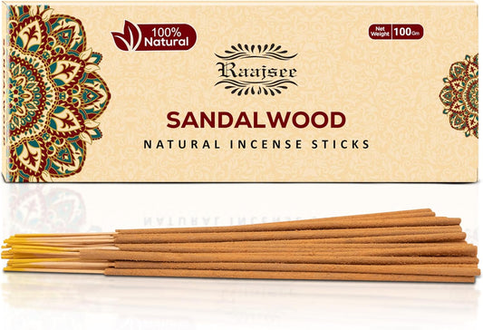 Raajsee Sandalwood Incense Sticks 100 Gm Pack-100% Pure Organic Natural Hand Rolled Free from Chemicals-for Church,Aroma Therapy,Relaxation,Meditation & Sensual Therapy - Glowelle