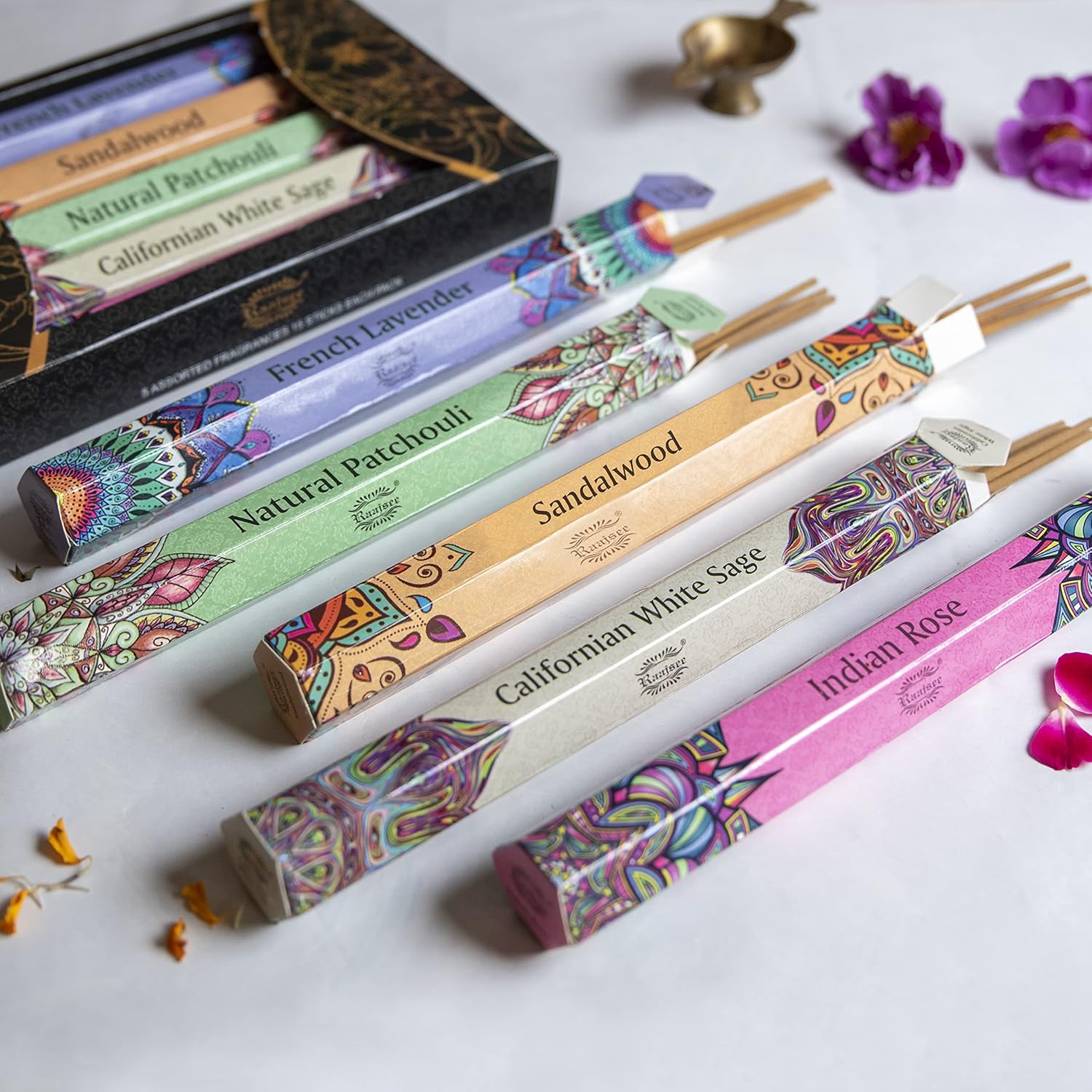 Raajsee Incense Sticks Multipack 15 Sticks x 5 Pack -100% Pure Organic Natural Assorted insense Stick - Hand Rolled Free from Chemicals -Perfect for Church Aromatherapy, Sandalwood,White sage, Rose - Glowelle