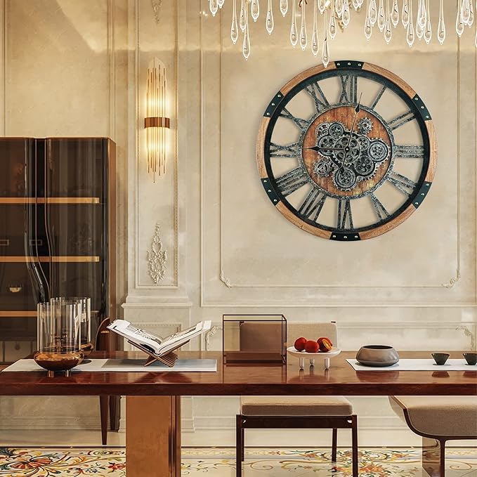 36 Inch Moving Gear Wall Clock, Oversized Wall Clocks, Clock Living Room Decor, Solid Wood Frame, Battery Operated, Large Wall Clock with Steampunk Industrial for Fireplace(Brown)