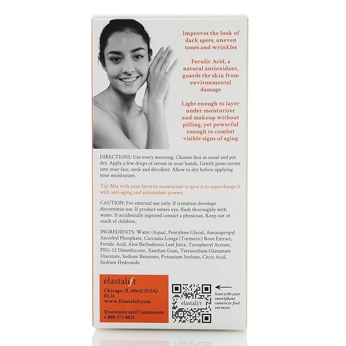 Elastalift Concentrated Vitamin C + Turmeric Oil Anti Aging Facial Serum Skin Care Booster - Promote Clear & Brighten Skin Tone - Hydrate Dry Skin, Fight Redness, Restore Skin Strength - 1.75 Fl Oz