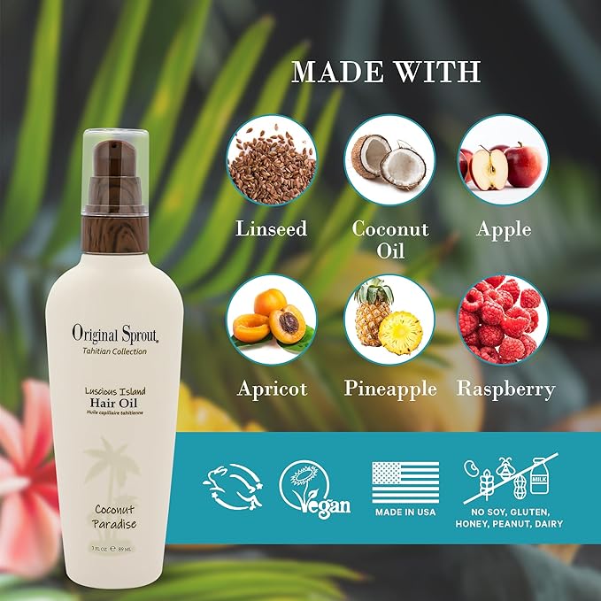 Original Sprout Luscious Island Hair Oil for All Hair Types, Non-Greasy & Lightweight Formula with Coconut & Linseed Oil, Helps Hydrate & Tame Frizz, Vegan and Sulfate Free, Travel Size, 3 fl oz