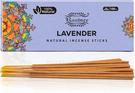 raajsee Lavender Incense Sticks 100 Gm Pack-100% Pure Organic Natural Hand Rolled Free from Chemicals-for Church,Aroma Therapy,Relaxation,Meditation,Positivity & Sensual Therapy - Glowelle