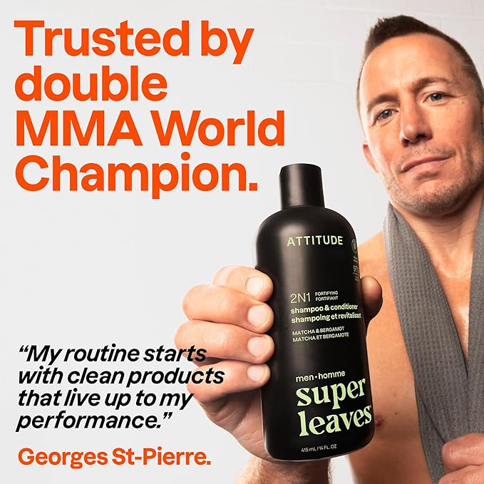 ATTITUDE Men's Shampoo and Conditioner 2-in-1, Fortifying For Fragile Hair, With Caffeine and Green Tea, 97% Natural Origin Ingredients, EWG Verified, Matcha & Bergamot, 14 Fl Oz