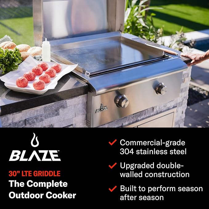 Blaze LTE+ 30-Inch Propane Gas Griddle with Lift-Assist Hood | Dual 15,000 BTU Burners | 8mm Reinforced Griddle Surface | Front Grease Management | Stainless Steel Construction BLZ-GRIDDLE-LTE3-LP