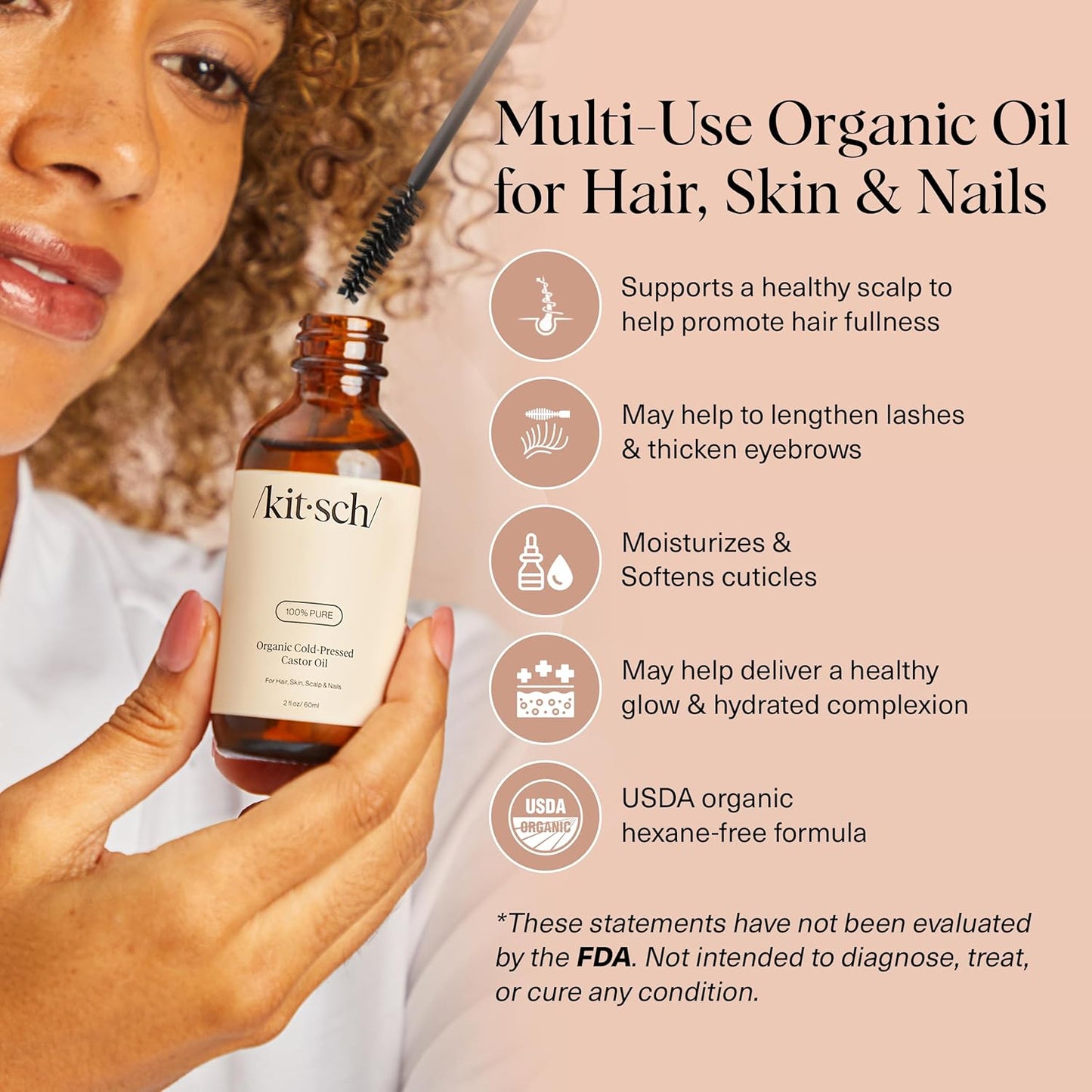 Kitsch Organic Castor Oil for Hair Growth - 100% Pure Castor Oil, Organic Cold Pressed Unrefined Glass Bottle for Face, Skin, Lashes, Brows, Scalp, Nails & Belly Button - Hexane Free, USDA - 2 oz