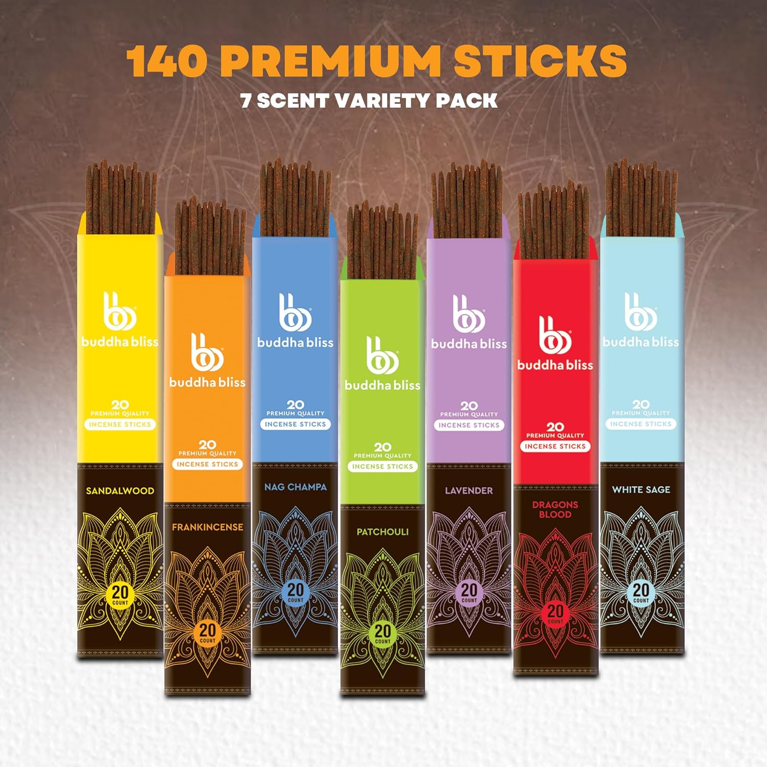 Mecka Buddha Bliss Incense Sticks - Set of 7 | 140 Sticks for Aromatherapy & Relaxation - Nag Champa, Frankincense, Sandalwood, White Sage Inscent | Natural Non Toxic Premium Long Burn Insenses - Glowelle