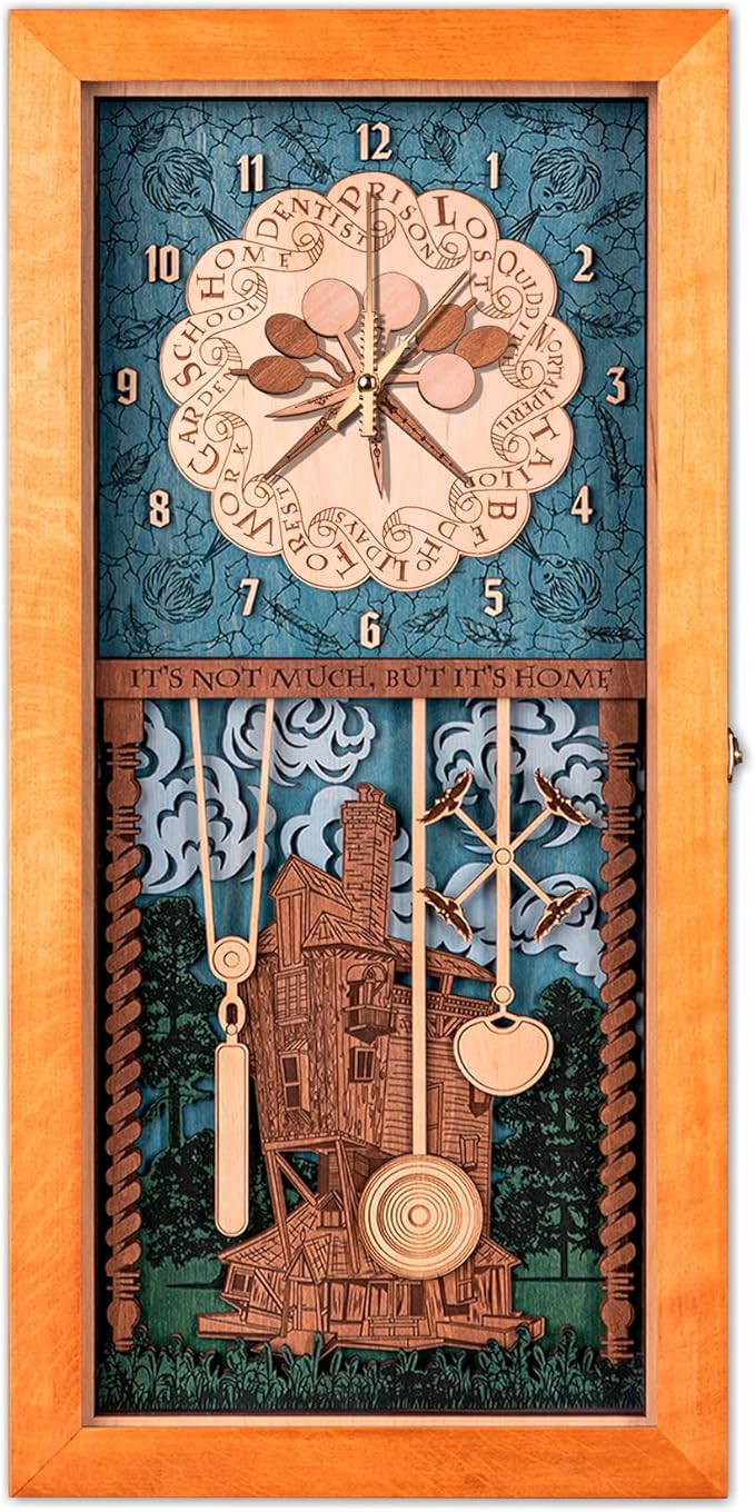 ZE WOOD Weasley Family Harry Potter 3D Wall Clock - Unique Collectible Oak Brown Wooden Clock, Silent Large Modern Rustic Decorative Home Decor for Harry Potter Fans, Mother's Day Gift (7 spoons, XL)