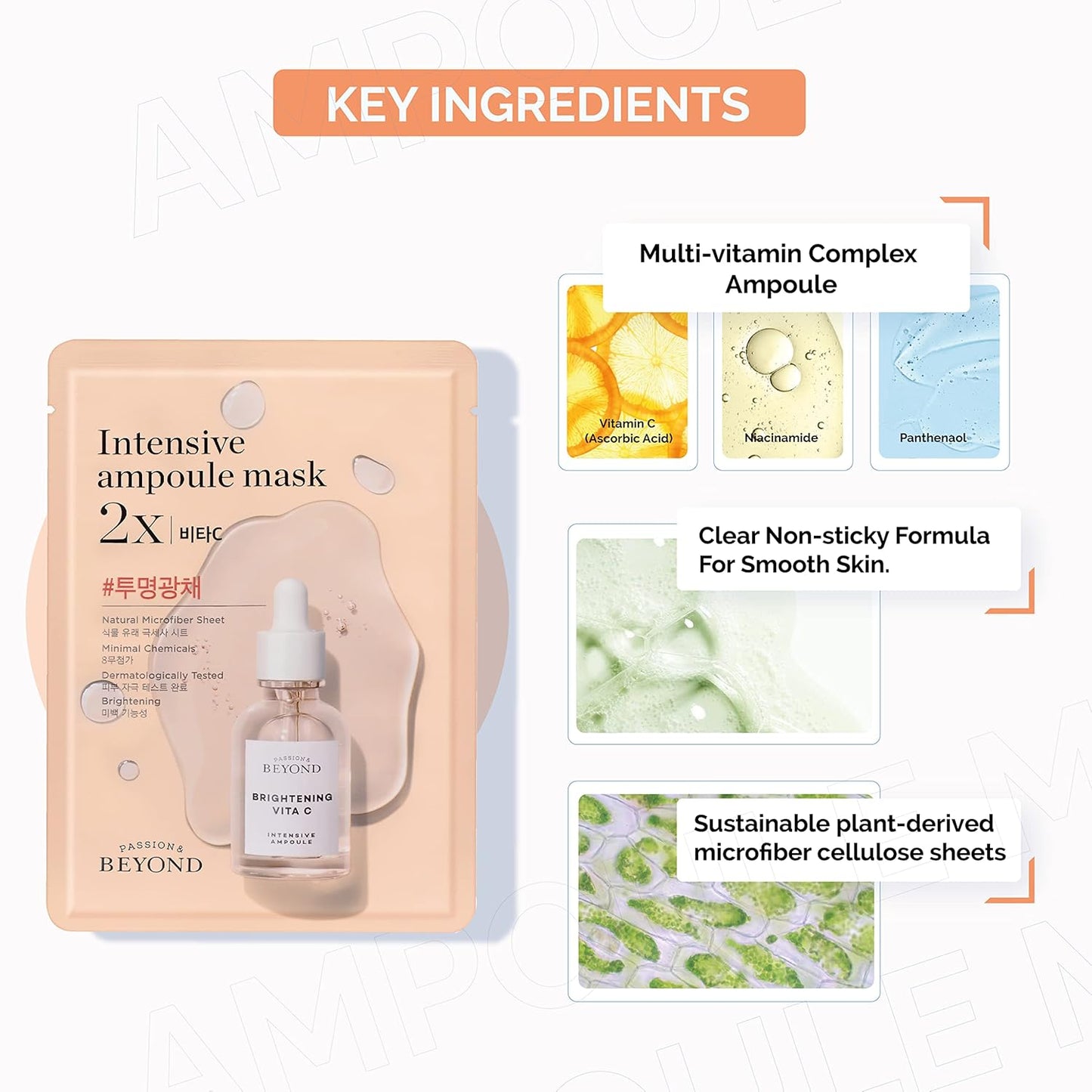 BEYOND Intensive Ampoule Mask 2X with Vitamin C and Niacinamide for and Sensitive Skin - Dermatologically Tested Hypoallergenic Facial Sheet Masks (25 ml/0.85 fl oz * 10 sheets)
