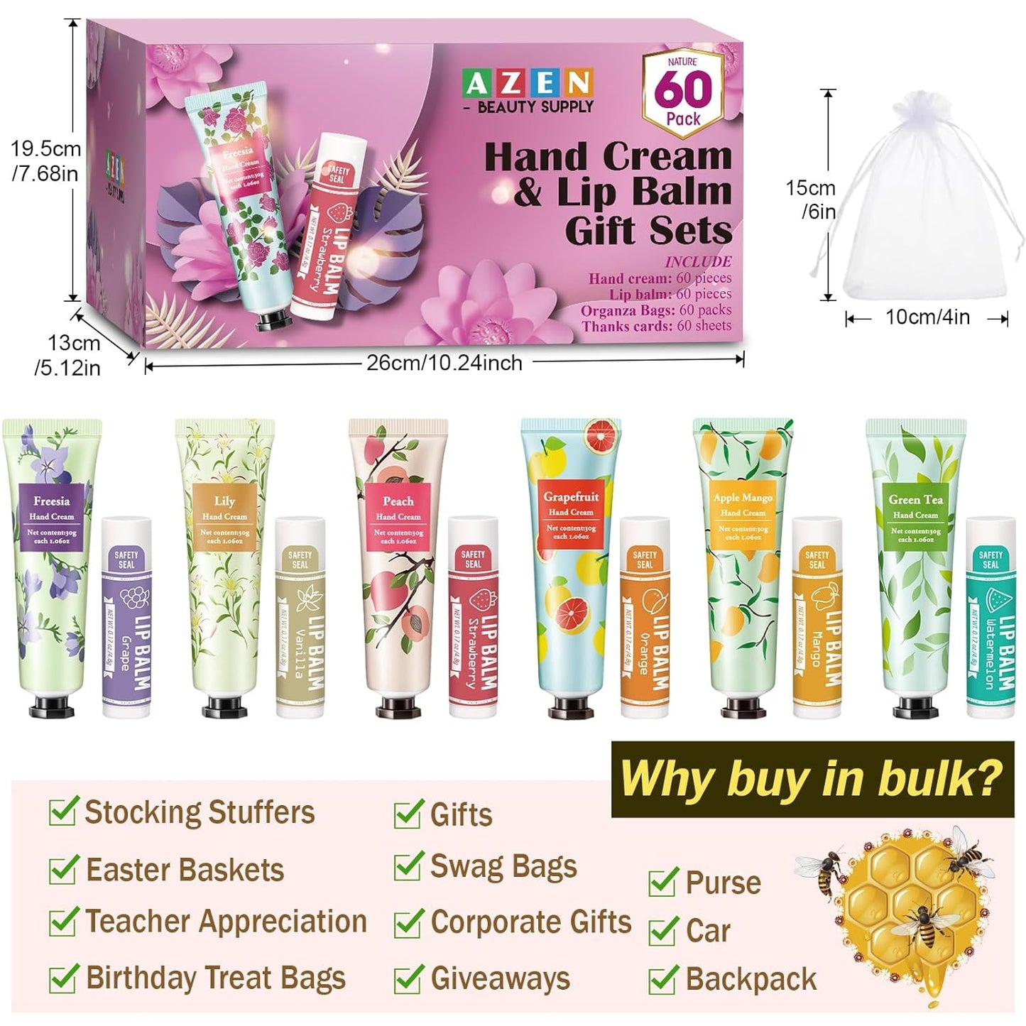 AZEN 60 Sets Bulk Gifts, Hand Cream and Lip Balm Bulk Set with Organza Bag Thank You Card, Baby Shower Wedding Gifts for Guests, Bridal Wedding Favors for Guests,Thank You Gifts for Women - Glowelle
