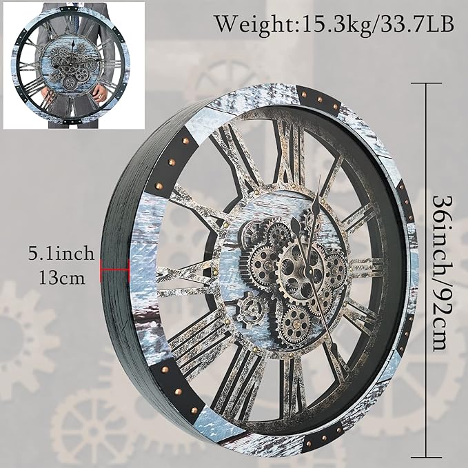 36 Inch Moving Gear Wall Clock, Oversized Wall Clocks, Clock Living Room Decor, Solid Wood Frame, Battery Operated, Large Wall Clock with Steampunk Industrial for Fireplace