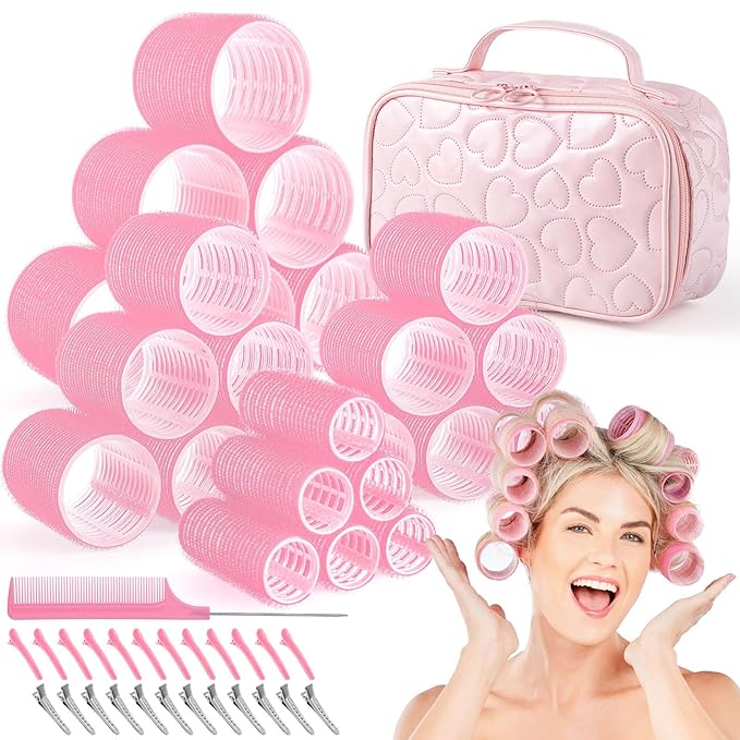 Obeoby 4 Sizes Hair Rollers with Gift Makeup Bag, Easter Gifts Rollers Hair Curlers for Long, Short Hair and Bangs, Birthday Pink Gifts Easter Basket Stuffers for Women Girls
