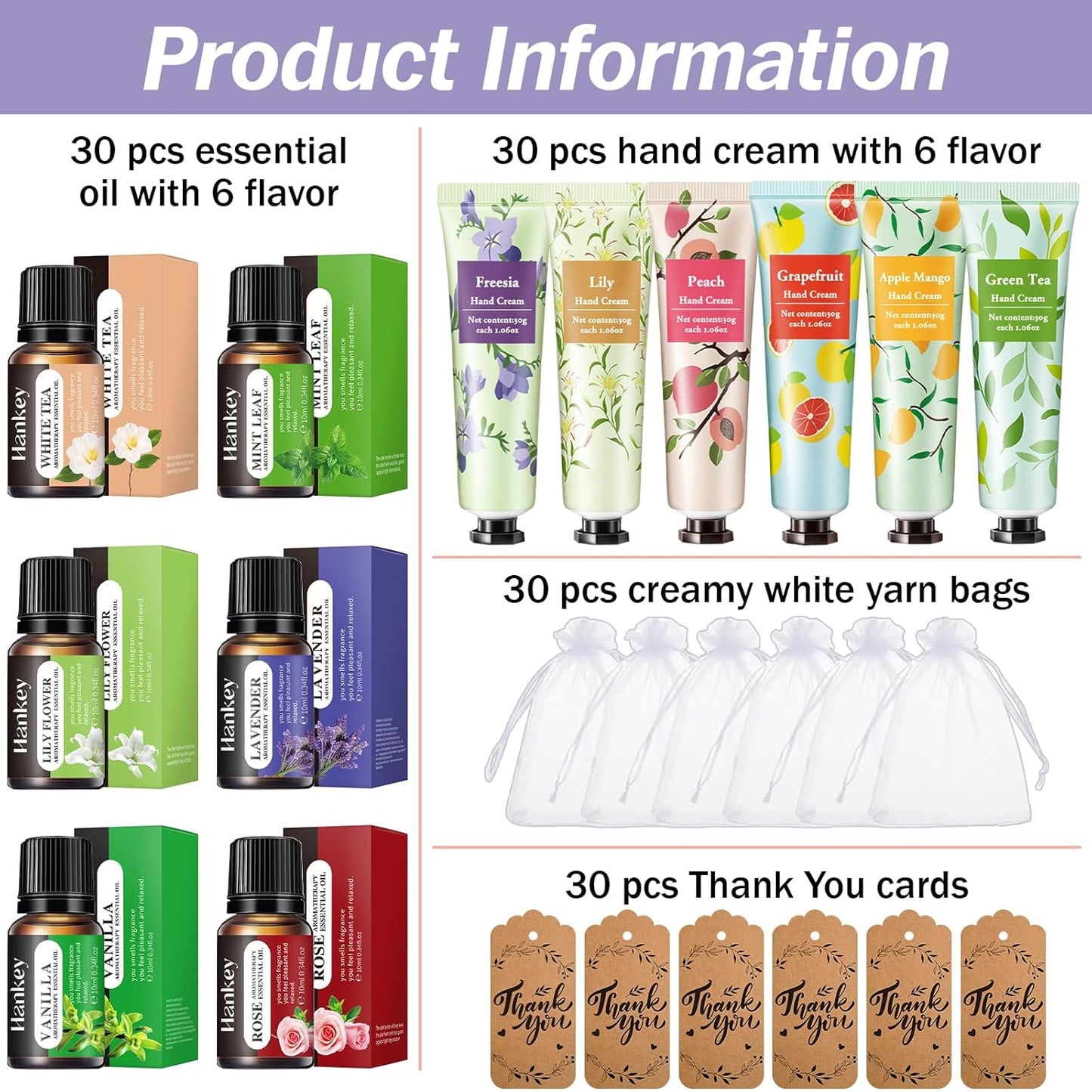 AZEN 30 Sets Bulk Gifts, Hand Cream and Essential Oils Bulk Set with Organza Bag Thank You Card, Baby Shower Wedding Gifts for Guests, Bridal Wedding Favors for Guests,Thank You Gifts for Women - Glowelle