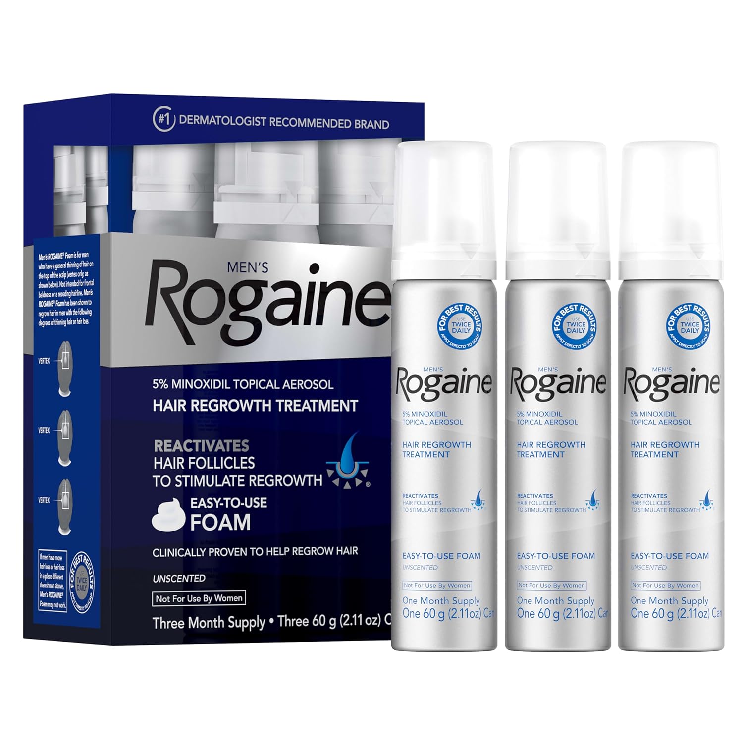 Men’s Rogaine 5% Minoxidil for Men Foam, Clinically Proven Regrowth for Thinning Hair, Topical Hair Loss Treatment, Unscented Topical Aerosol, Results in 8–16 Weeks, 3-Month Supply, 3 x 2.11 oz - Glowelle