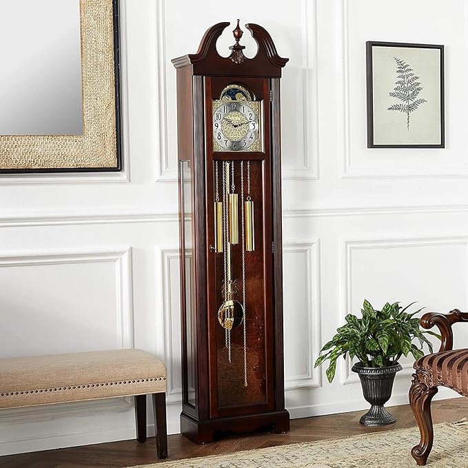 Howard Miller Princeton Grandfather Clock, Swan Neck Pediment Illuminated Wooden Frame & Wood Finish, Analog Dial with Brass-Finished & Arabic Numerals Perfect Floor Clock for Home & Living Room