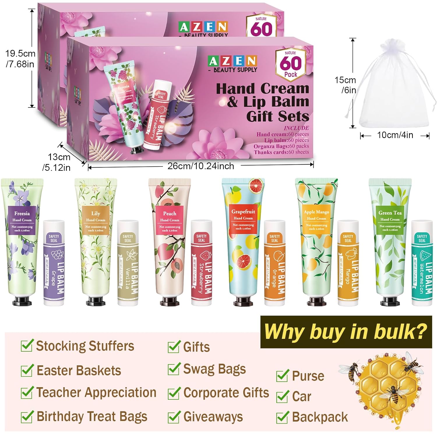AZEN 120 Sets Bulk Gifts, Hand Cream and Lip Balm Bulk Set with Organza Bag Thank You Card, Baby Shower Wedding Gifts for Guests, Bridal Wedding Favors for Guests,Thank You Gifts for Women - Glowelle
