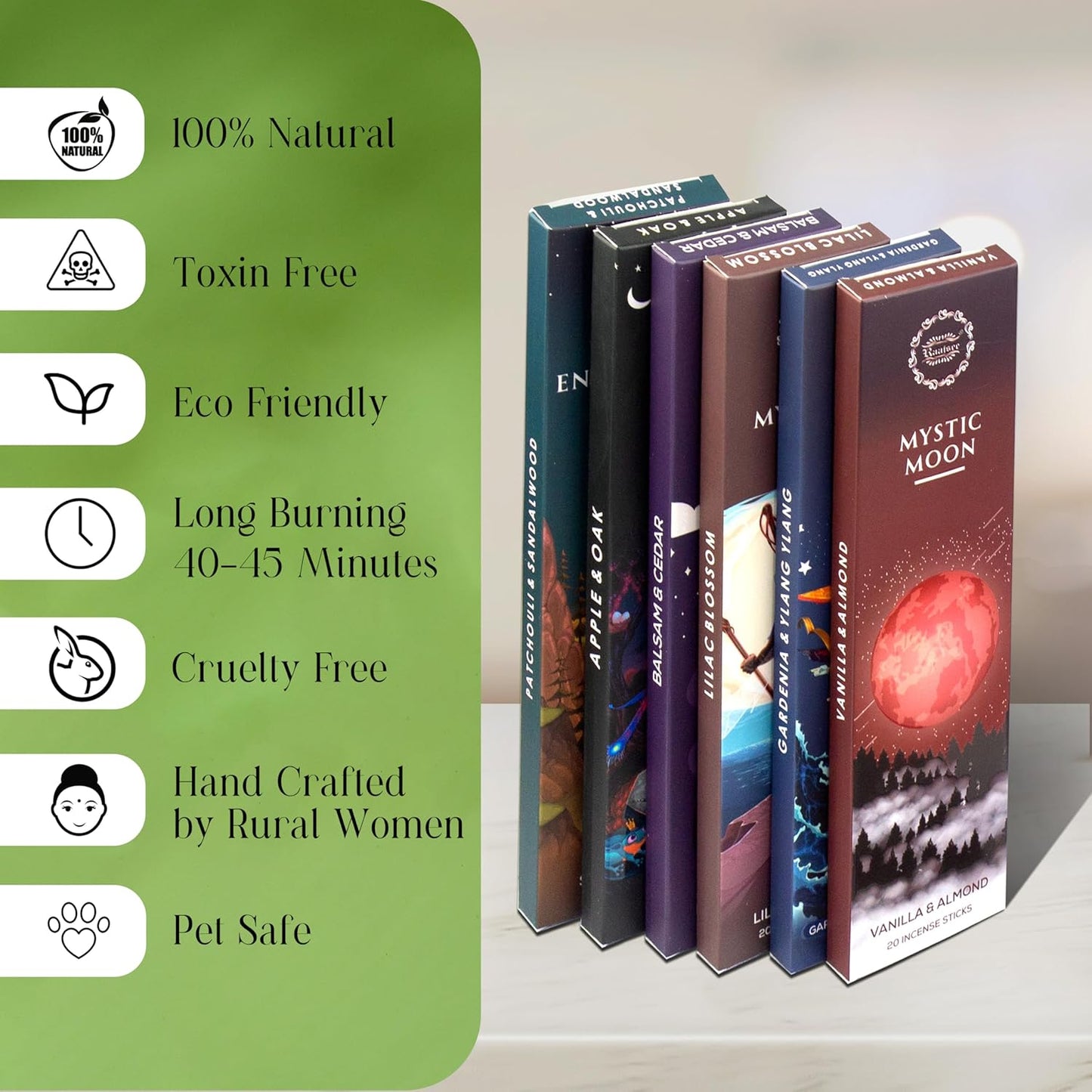 Raajsee Natural Incense Sticks with Inscent Holder, Pack of 6 Organic Insence-Sticks, 120 Incent Sticks, No Black Smoke,Witchy Gifts, Balsam & Cedar, Sandalwood, Apple Oak, Ylang Ylang, Vanilla - Glowelle