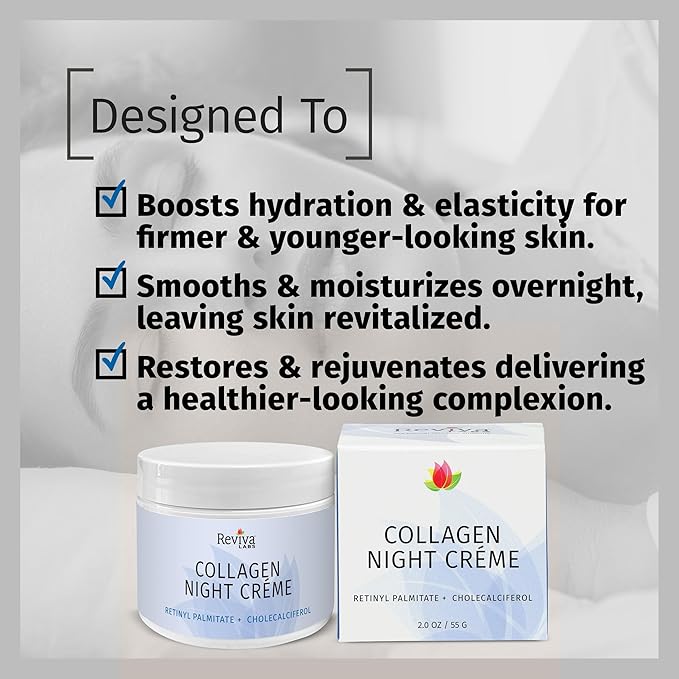 Reviva Labs Collagen Night Cream – Hydrating Face Cream for Women with Hydrolyzed Collagen and Natural Oils for Youthful, Supple Skin – Firming Moisturizer for Face & Neck Area, 2 oz