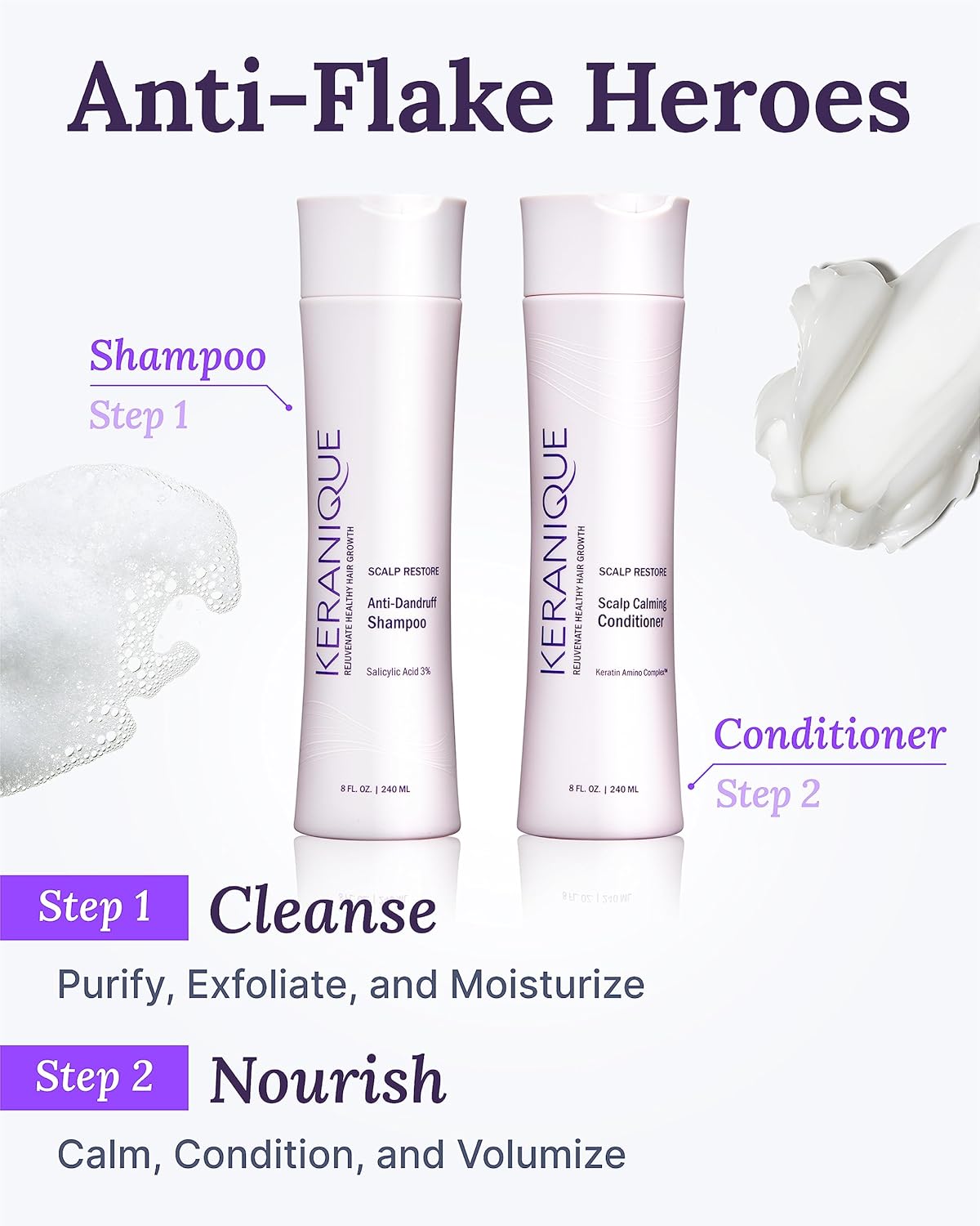 Anti Dandruff Shampoo & Scalp Restoring Conditioner - Gentle for Color-Treated Hair - Best for Thinning Hair & Dry Scalp - Antidandruff Shampoo for Women & Deep Conditioner by Keranique - Glowelle