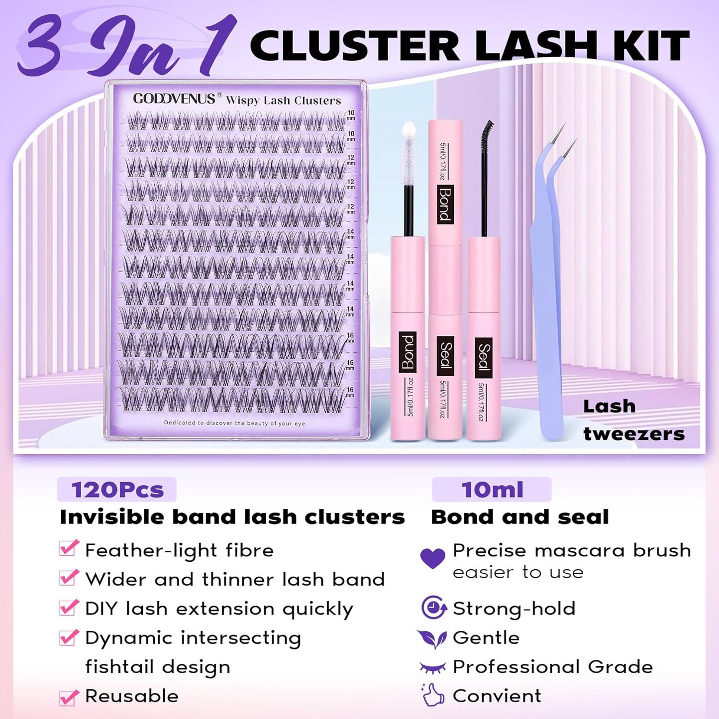 Invisible Band Lash Clusters Kit Wispy Natural Cluster Eyelash Extension Kit DIY Lash Extension Kit C Curl 10-16MM Eyelash Clusters Volume Individual Lashes Kit by Goddvenus - Glowelle
