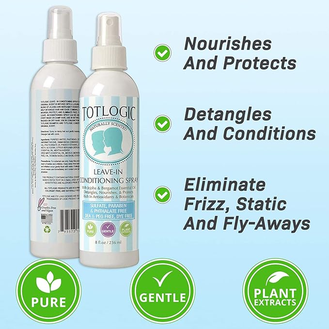 TotLogic Kids Detangler Hair Spray and Toddler Leave In Conditioner - Naturally Scented with Essential Oils - Original, 8 oz