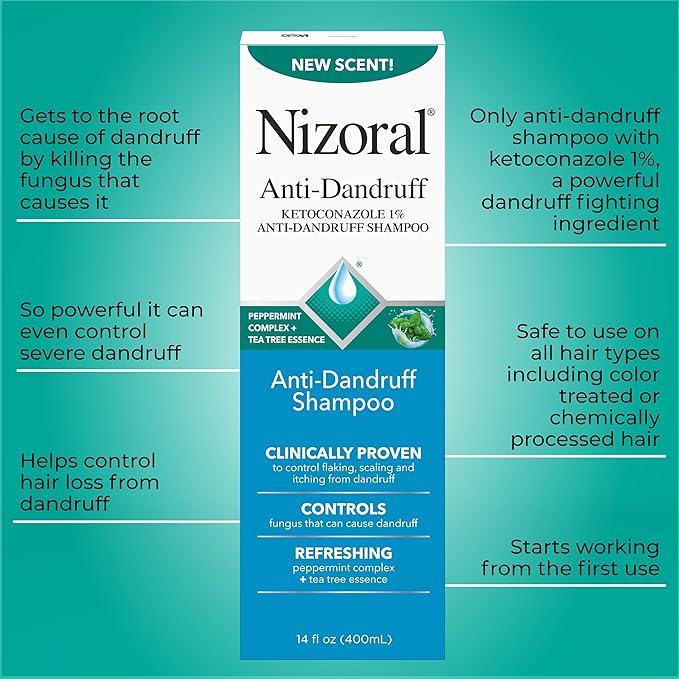 Nizoral Anti-Dandruff Shampoo with 1% Ketoconazole, 14 Fl Oz, Peppermint and Tea Tree Scent, Anti Fungal Shampoo, For All Hair Types