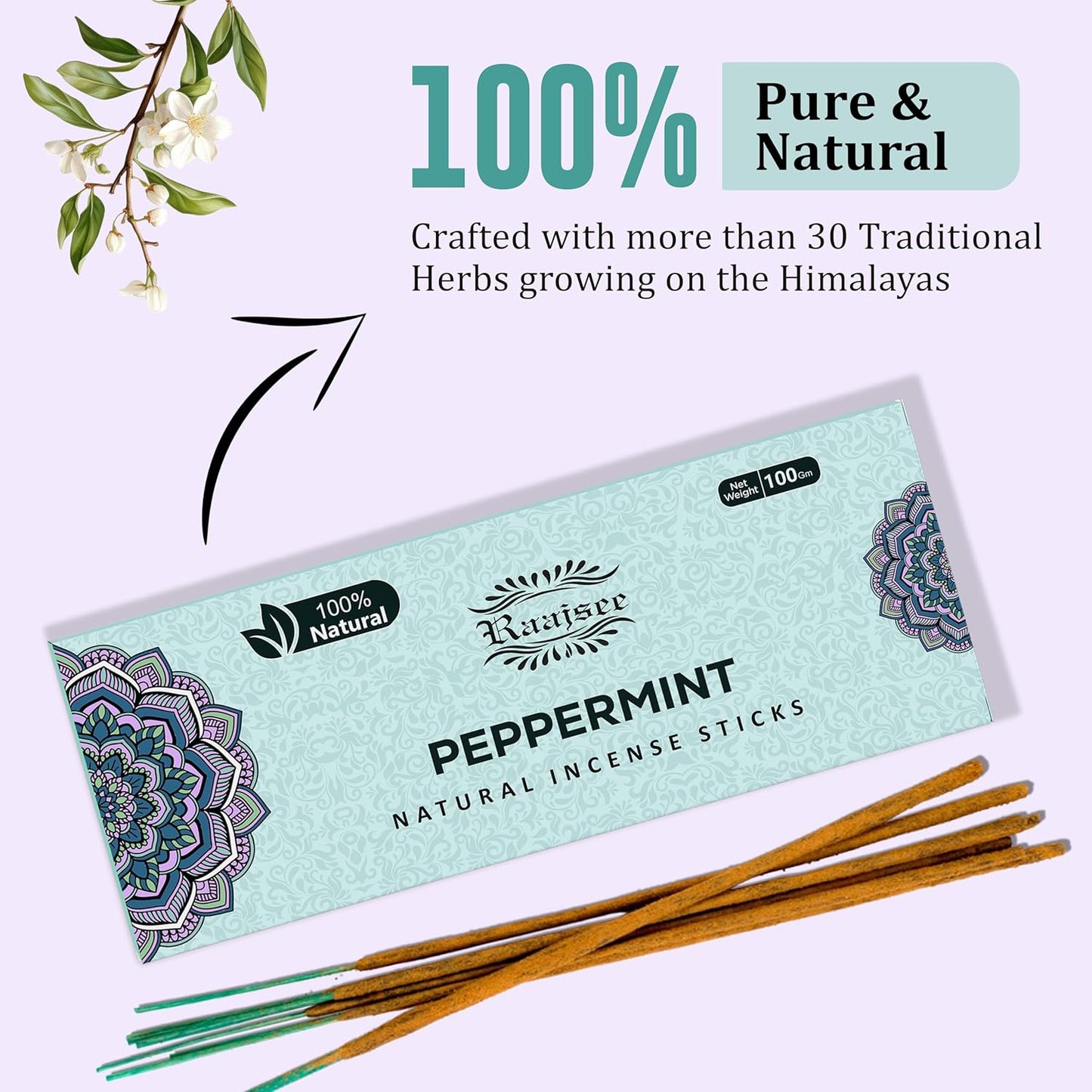 Peppermint Incense Sticks 100 gm Pack, Charcoal Free - 100% Natural,Organic Non Toxic Insence Sticks, Inscents Made with Flowers, Meditation Gifts for Spiritual Cleansing, Relaxation - Glowelle