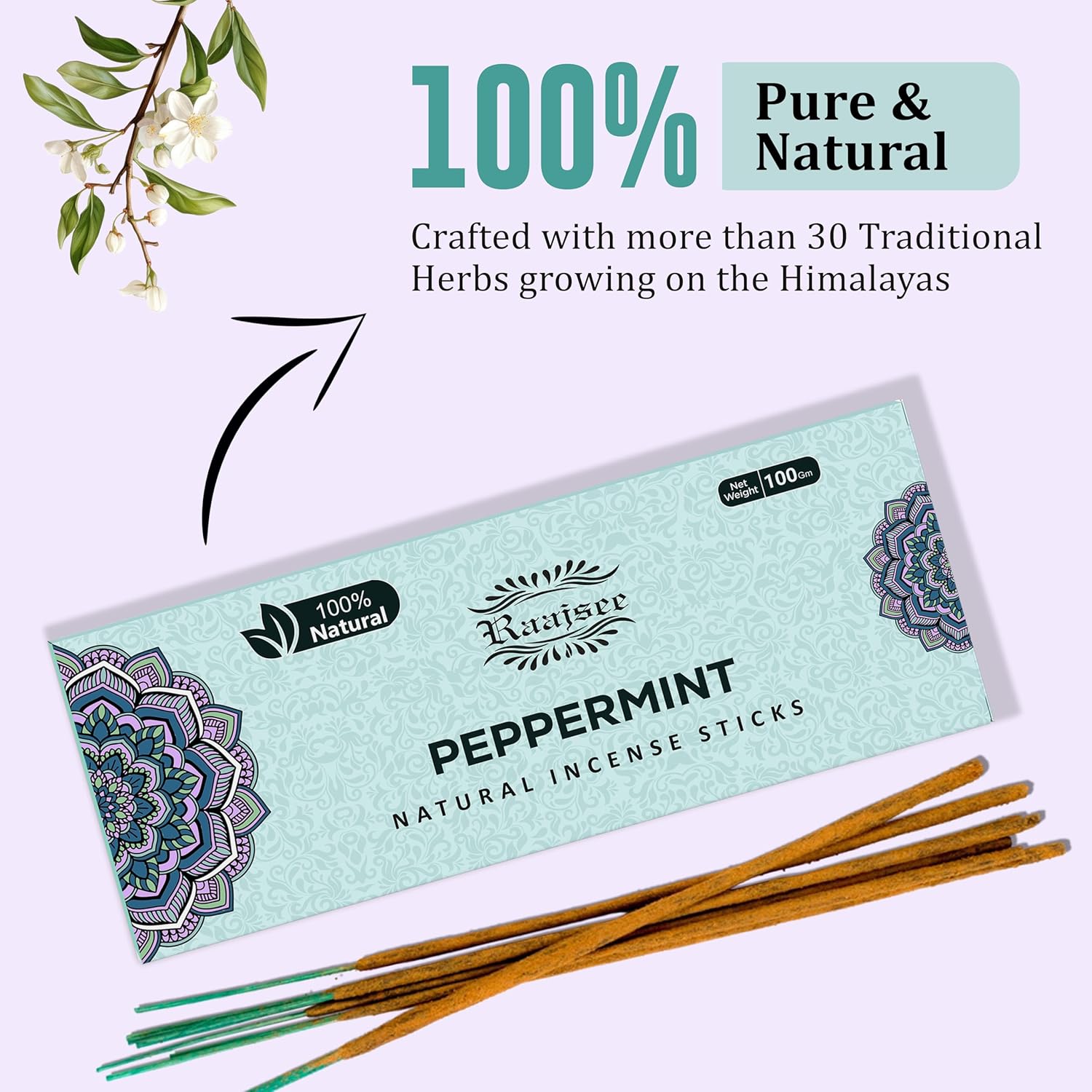 Peppermint Incense Sticks 100 gm Pack, Charcoal Free - 100% Natural,Organic Non Toxic Insence Sticks, Inscents Made with Flowers, Meditation Gifts for Spiritual Cleansing, Relaxation - Glowelle