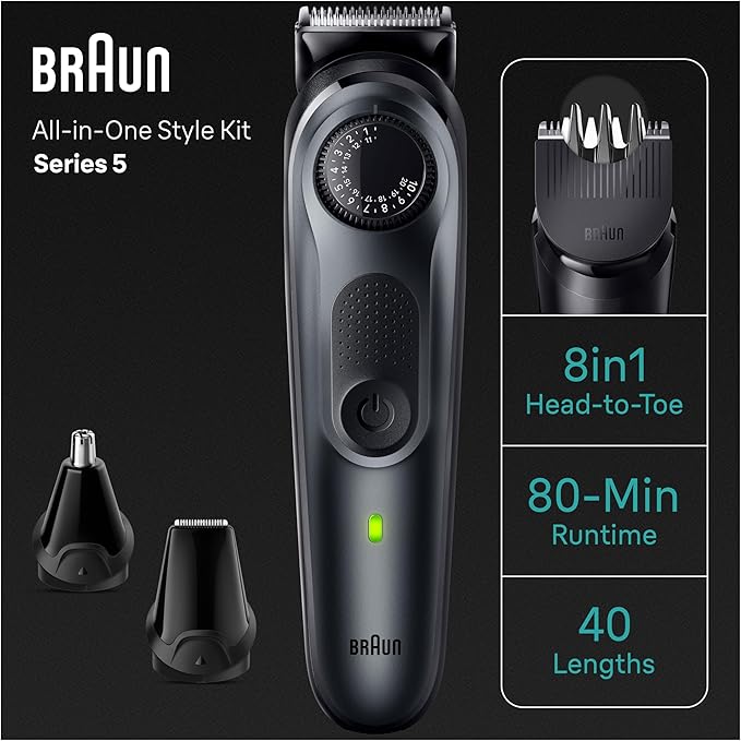 Braun All-in-One Style Kit Series 5 5471, 8-in-1 Trimmer for Men with Beard Trimmer, Body Trimmer for Manscaping, Hair Clippers & More, Ultra-Sharp Blade, 40 Length Settings, Waterproof