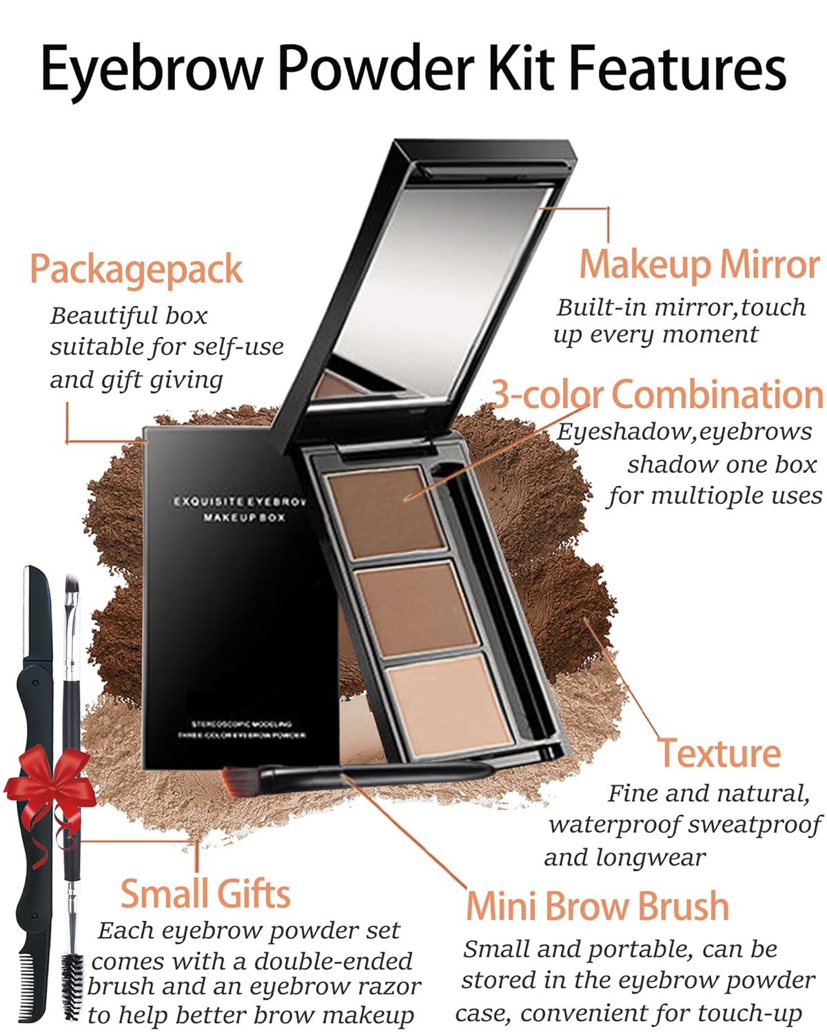 Eyebrow Powder Makeup Kit-3 Colors Eye Brow Powder Palette Long-Lasting Waterproof, Grey Brown Series Brow Filler, Fill & Sculpt Full Eyebrows for Women, With Mirror, Brow Brush & Razor-Set 03