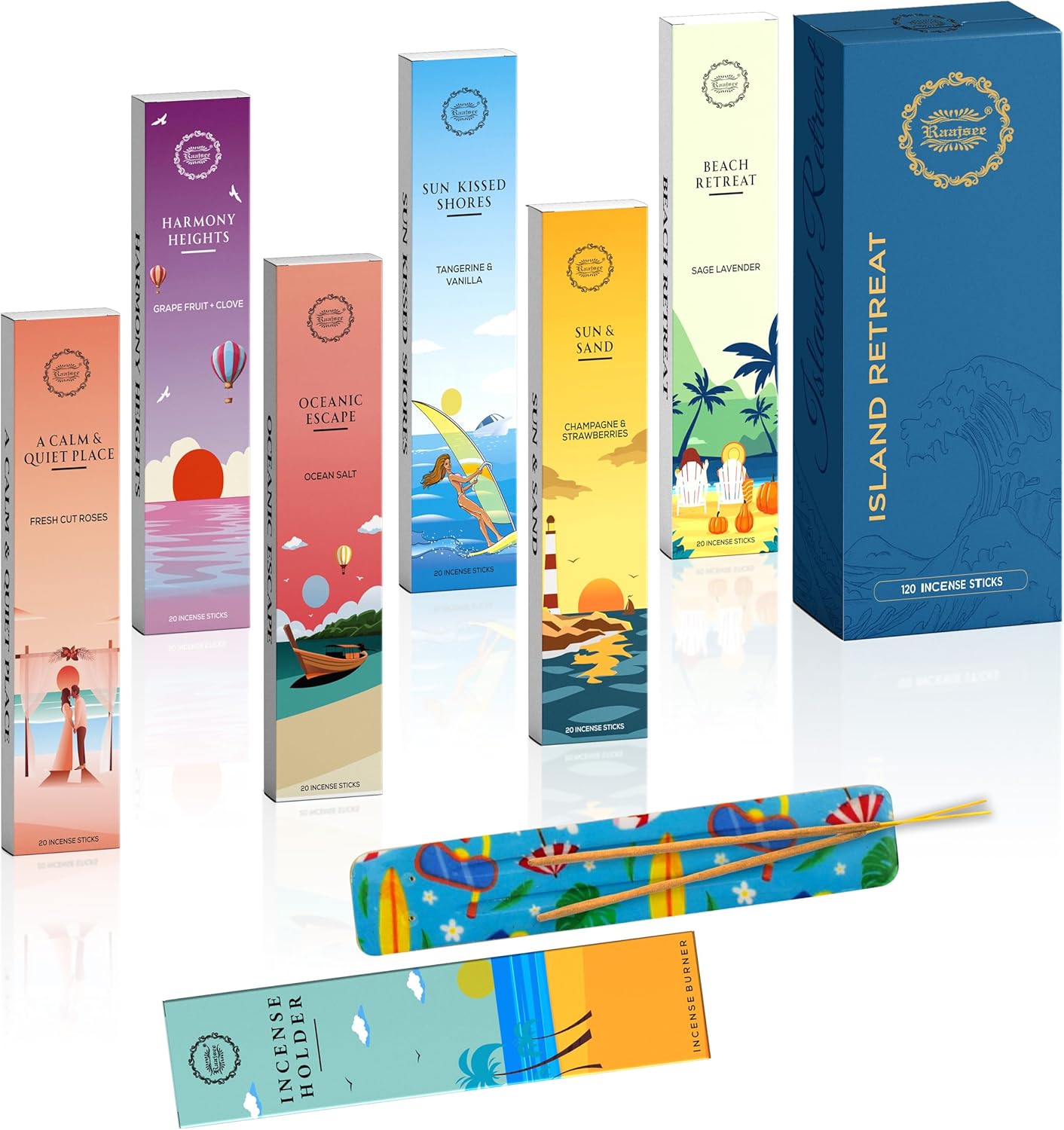 Raajsee Incense Sticks Natural, Set of 6 Organic Incents –120 Insence-Sticks with Holder– Aromatherapy Gifts, Non Toxic Clean Burning for Spiritual Cleansing – Ocean Salt, Grape Fruit Clove, Sage - Glowelle