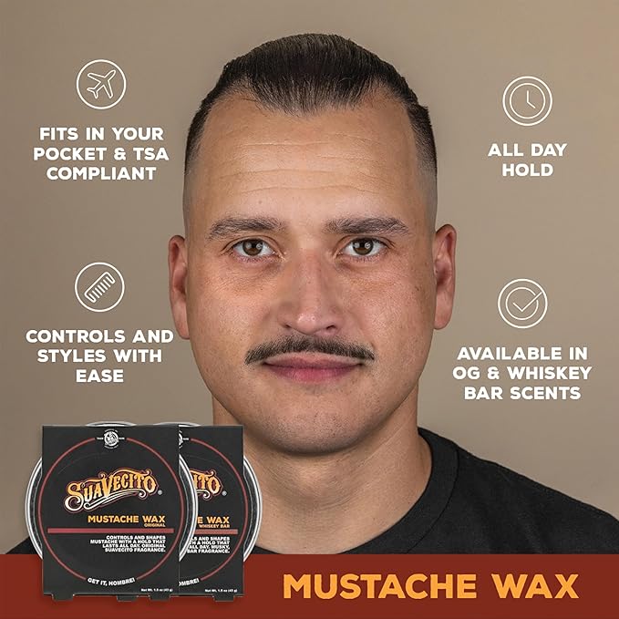 Suavecito Whiskey Bar Mustache Wax 1.5 oz - Control & Style Your Mustache With All Day Hold, Portable Travel Size Tin Can, Moisturize & Style, Facial Grooming With A Masculine Scent