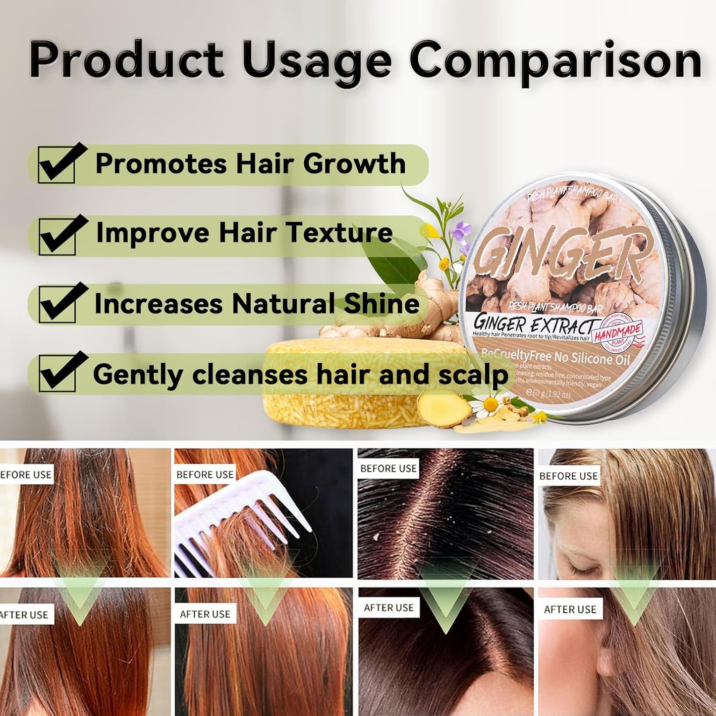 2PCS Ginger Shampoo Bar for Gray Hair, Natural Organics Shampoo and Conditioner Bar for Thinning Hair for Men & Women (Ginger) - Glowelle