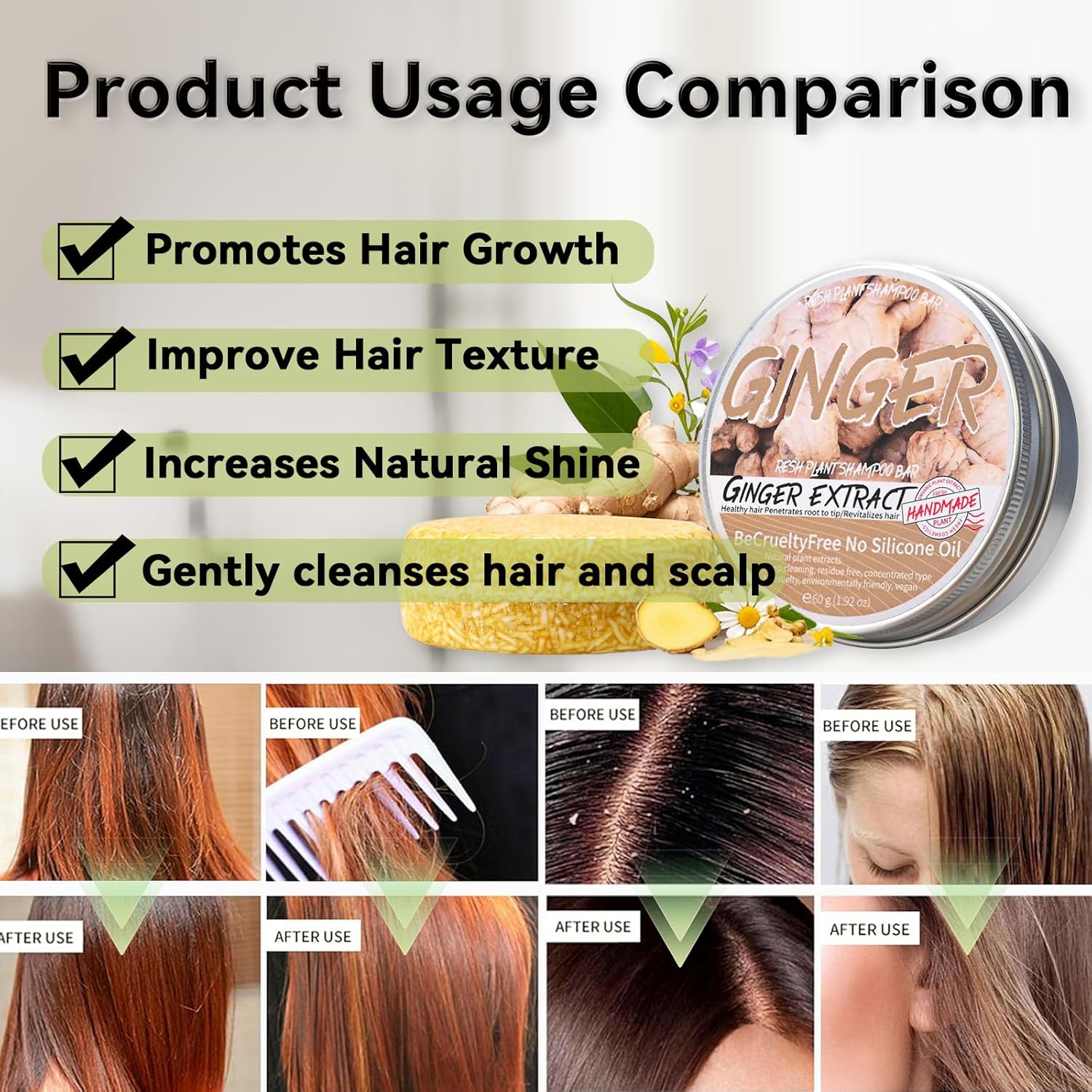 2PCS Ginger Shampoo Bar for Gray Hair, Natural Organics Shampoo and Conditioner Bar for Thinning Hair for Men & Women (Ginger) - Glowelle