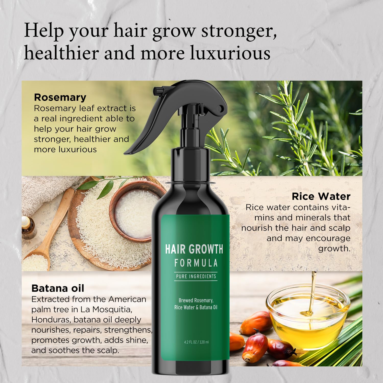 Rosemary Water Spray for Hair Growth, Rosemary Hair Growth Scalp Spray With Rice Water & Batana Oil, Biotin, Citrus Peel and Mint to Strengthen Strands and Promote Hair, 4.2 fl oz (Clear) - Glowelle