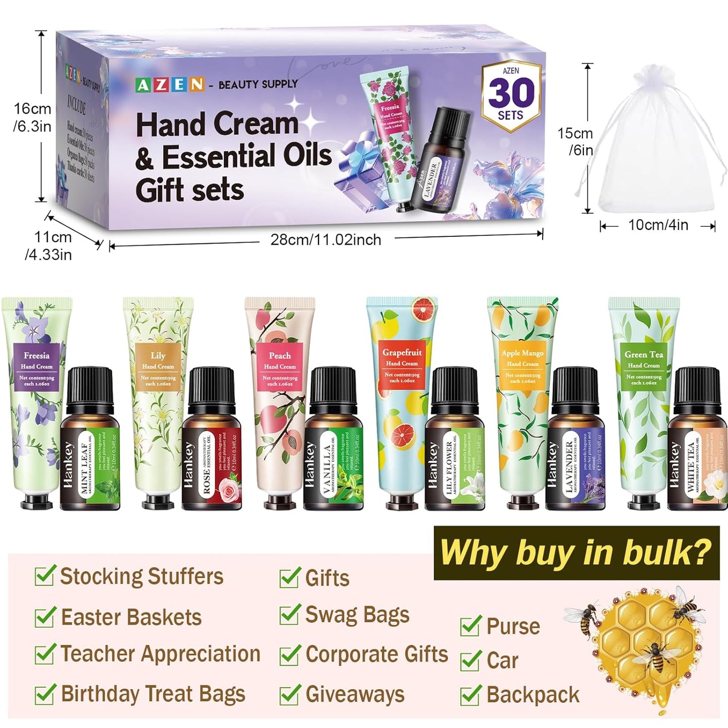 AZEN 30 Sets Bulk Gifts, Hand Cream and Essential Oils Bulk Set with Organza Bag Thank You Card, Baby Shower Wedding Gifts for Guests, Bridal Wedding Favors for Guests,Thank You Gifts for Women - Glowelle