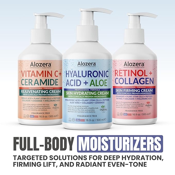 Alozera Hyaluronic Acid Face & Body Lotion with Aloe Vera, Daily Moisturizing Lotion for Dry Skin Hydration & Refresh, Non-Greasy, Lightweight, Fragrance-Free Moisturizer, 16.9 oz