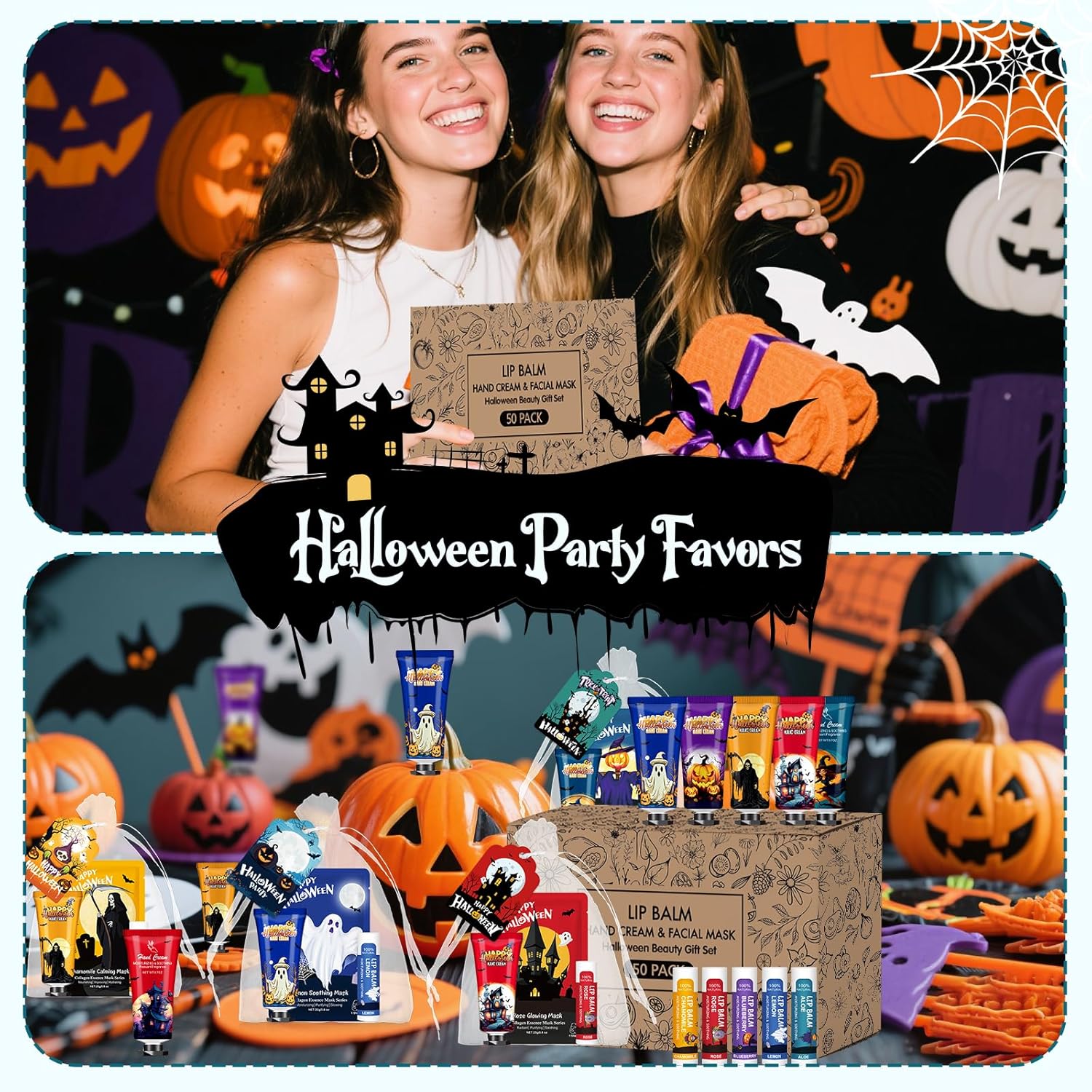 VESPRO 50 Pack Halloween Hand Cream, Facial Mask and Lip Balm Set, Bulk Halloween Gifts for Women, Halloween Decorations, Halloween Party Favors, Halloween Basket Stuffers and Halloween Skincare - Glowelle