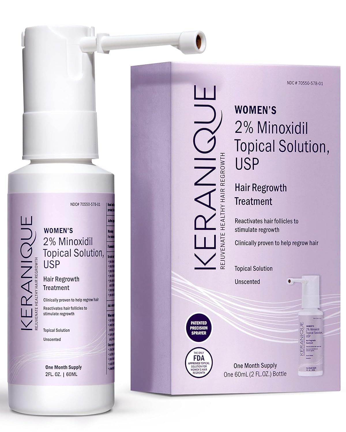 Keranique Hair Regrowth Treatment for Women - 2% Minoxidil for Hair Growth & Thickening - Topical Solution Scalp Treatment for Hair Loss & Thinning w/ Precision Spray Applicator - 2 Fl Oz - Glowelle