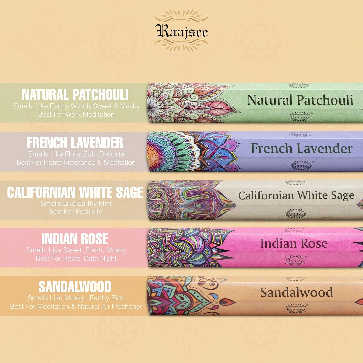 Raajsee Incense Sticks Multipack 15 Sticks x 5 Pack -100% Pure Organic Natural Assorted insense Stick - Hand Rolled Free from Chemicals -Perfect for Church Aromatherapy, Sandalwood,White sage, Rose - Glowelle