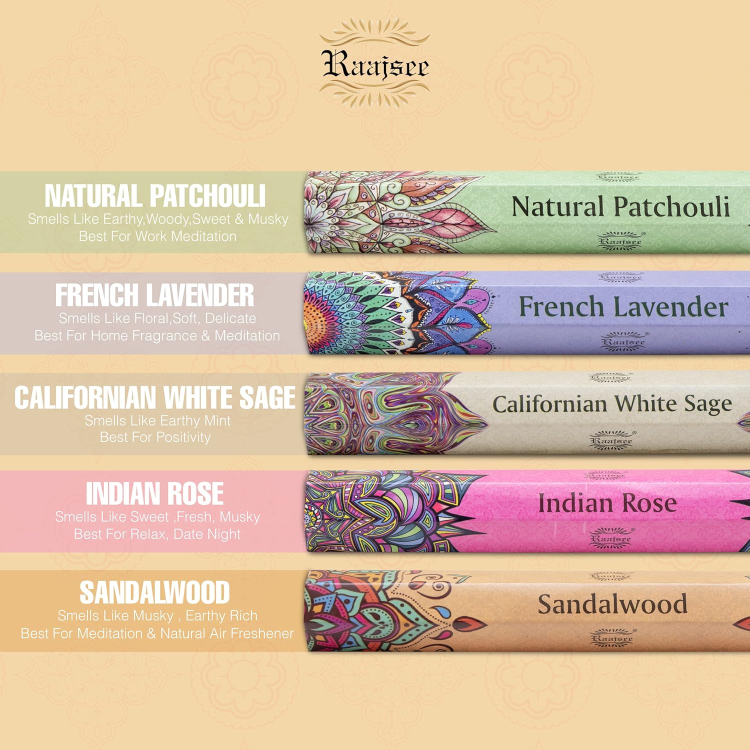 Raajsee Incense Sticks Multipack 15 Sticks x 5 Pack -100% Pure Organic Natural Assorted insense Stick - Hand Rolled Free from Chemicals -Perfect for Church Aromatherapy, Sandalwood,White sage, Rose - Glowelle