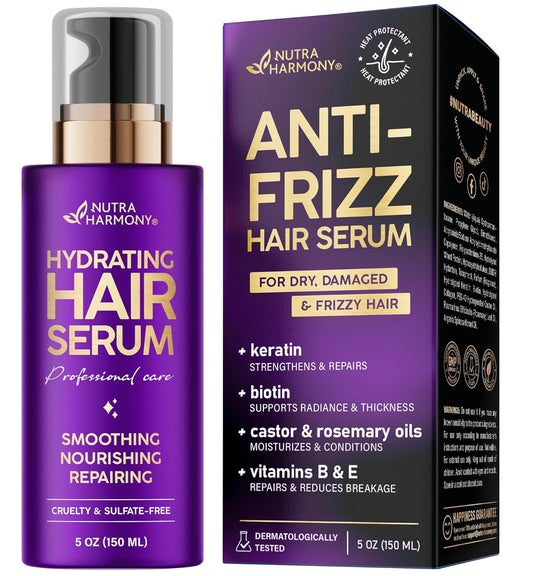 NUTRAHARMONY Hydrating Hair Serum – Keratin Hair Treatment for Dry, Frizzy, Damaged Hair – Biotin, Castor & Rosemary Oils – Anti‑Frizz, Heat Protectant & Split Ends Repair for Smooth, Shiny Hair, 5oz