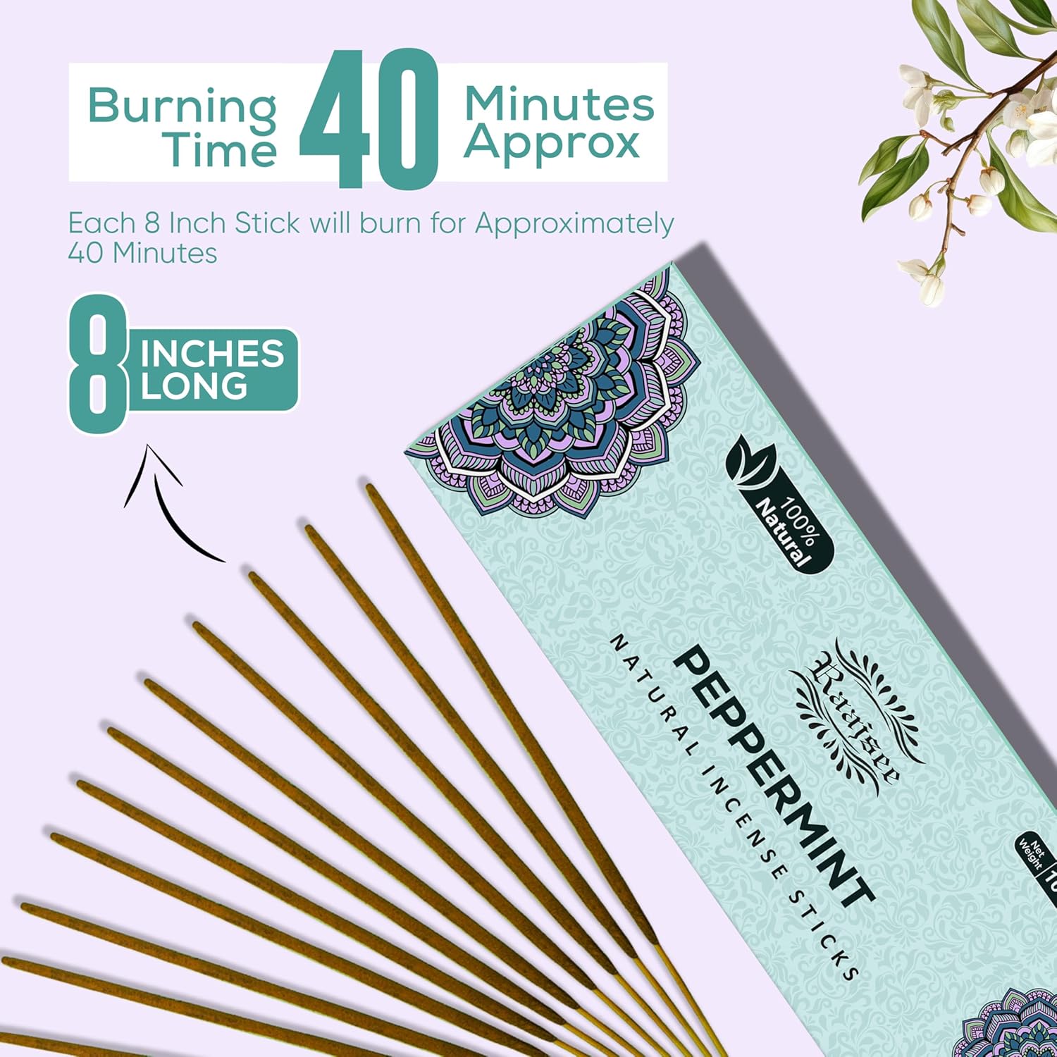 Peppermint Incense Sticks 100 gm Pack, Charcoal Free - 100% Natural,Organic Non Toxic Insence Sticks, Inscents Made with Flowers, Meditation Gifts for Spiritual Cleansing, Relaxation - Glowelle