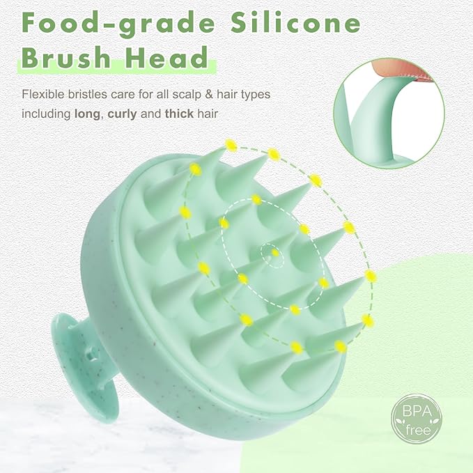 FREATECH Wheat Straw Scalp Massager Shampoo Brush with Soft Silicone Bristles for Scalp Scrub and Hair Growth, Head Massager Hair Scrubber Scalp Exfoliator for Dandruff, All Hair Types, Mint Green