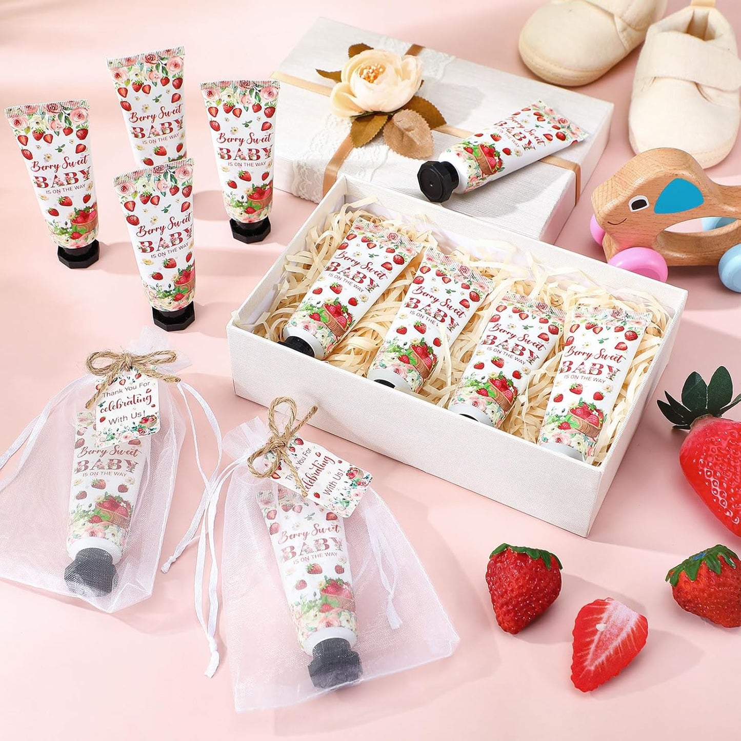 48 Sets Strawberry Hand Cream Gifts Baby Shower Party Hand Cream Favors for Guests Berry Sweet Baby Is on the Way Gift Bulk Travel Size Hand Lotion Set for Guest - Glowelle