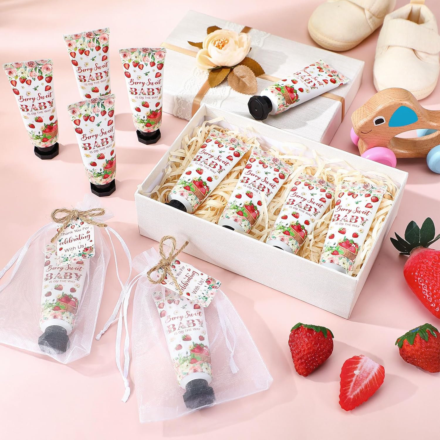 48 Sets Strawberry Hand Cream Gifts Baby Shower Party Hand Cream Favors for Guests Berry Sweet Baby Is on the Way Gift Bulk Travel Size Hand Lotion Set for Guest - Glowelle