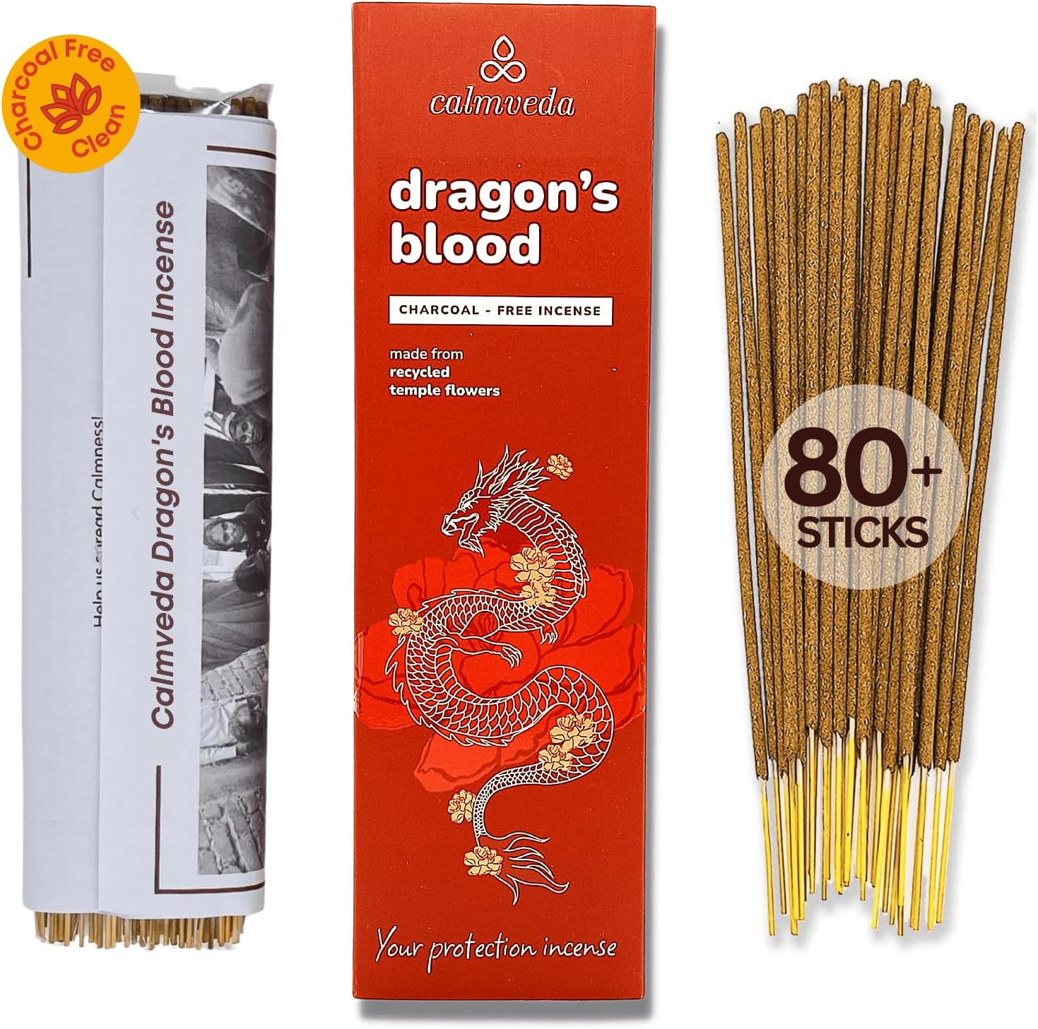 Peru Dragons Blood Incense Sticks - (80 Scented Sticks) Charcoal Free, Made from Upcycled Flowers | Sweet, Spicy & Ambery Notes | Protection Incense Sticks for Bad Energy Cleansing (Sangre de Grado) - Glowelle